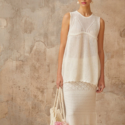 Filippa White Crochet Knit Top Skirt Set