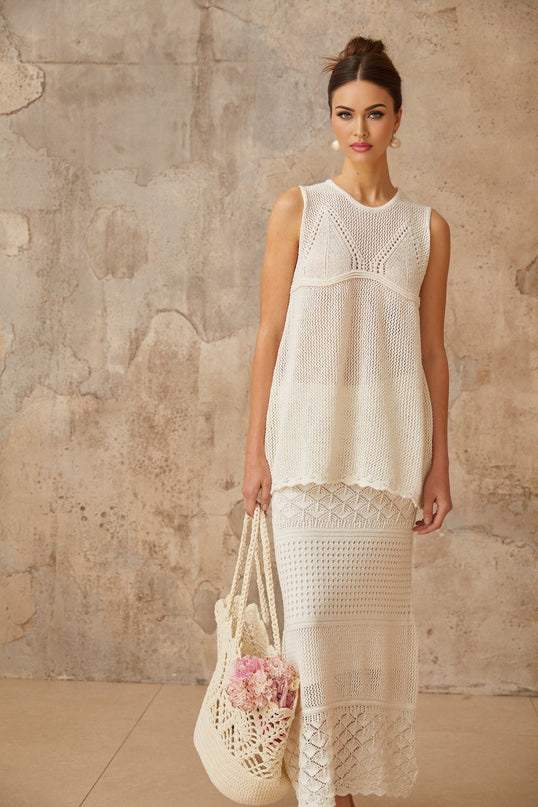 Filippa White Crochet Knit Top Skirt Set