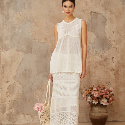 Filippa White Crochet Knit Top Skirt Set