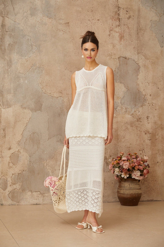 Filippa White Crochet Knit Top Skirt Set