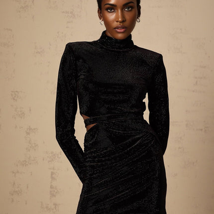 Filomena Black Velvet Effect Mini Dress with Cut-Out Design and Stud Embellishments
