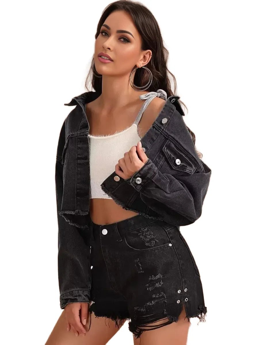 Filomena Cropped Denim Jacket with Contemporary Style in Black - Black