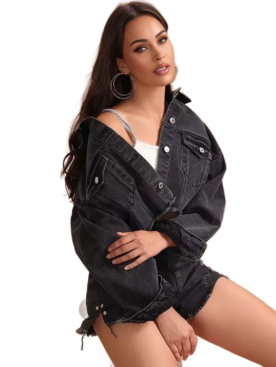 Filomena Cropped Denim Jacket with Contemporary Style in Black - Black
