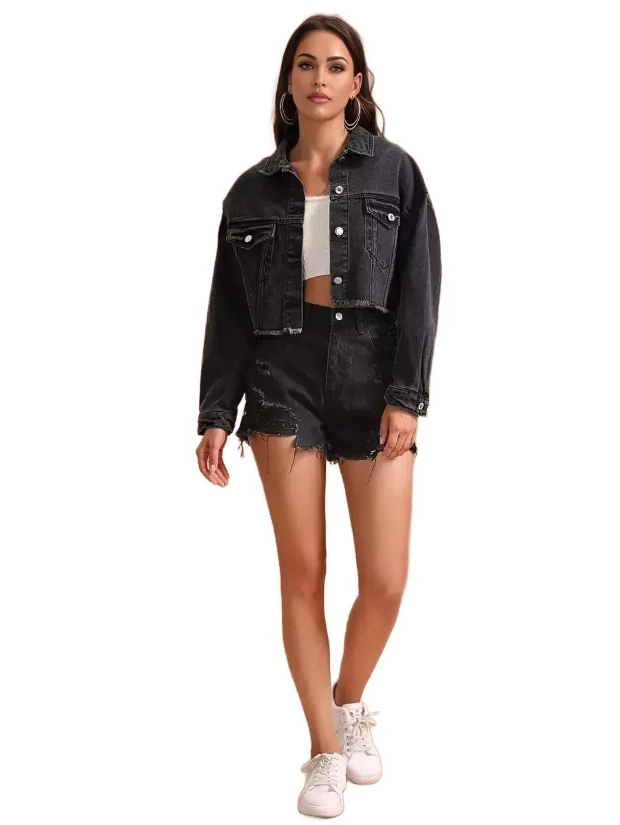 Filomena Cropped Denim Jacket with Contemporary Style in Black - Black