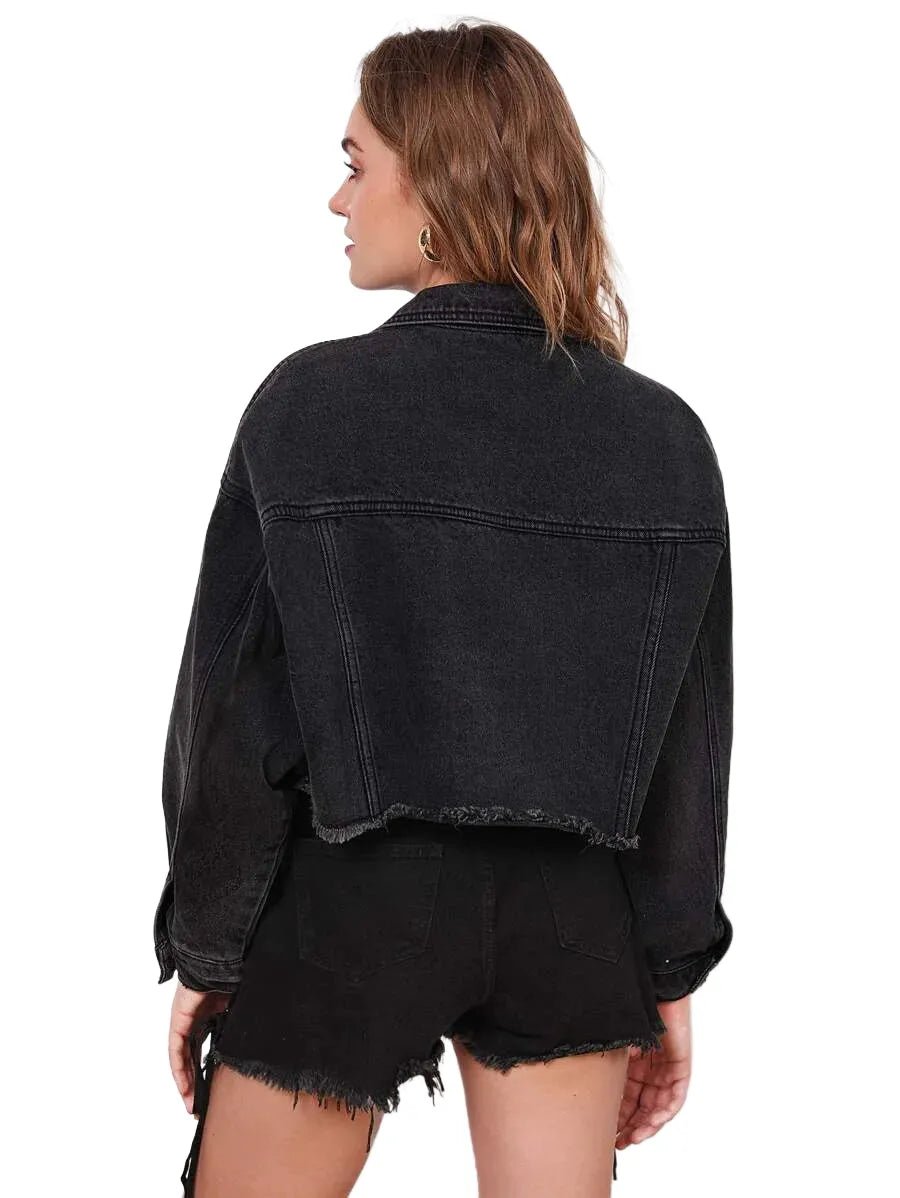 Filomena Cropped Denim Jacket with Contemporary Style in Black - Black