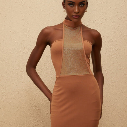 Fiona Brown Rhinestone Halterneck Mini Dress