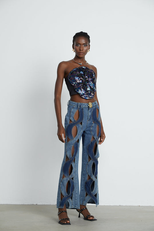 Fiona Floral Top in Purple Sequin Embellished Faux Flower Detail Off-the-Shoulder Sleeveless Rear Zip Cropped Polyester