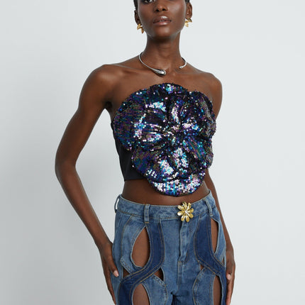 Fiona Floral Top Purple Sequin Embellishments Faux Flower Detailing Off-the-Shoulder Sleeveless Rear Zip Fastening Cropped Length 100% Polyester Opulence Luxury Detail