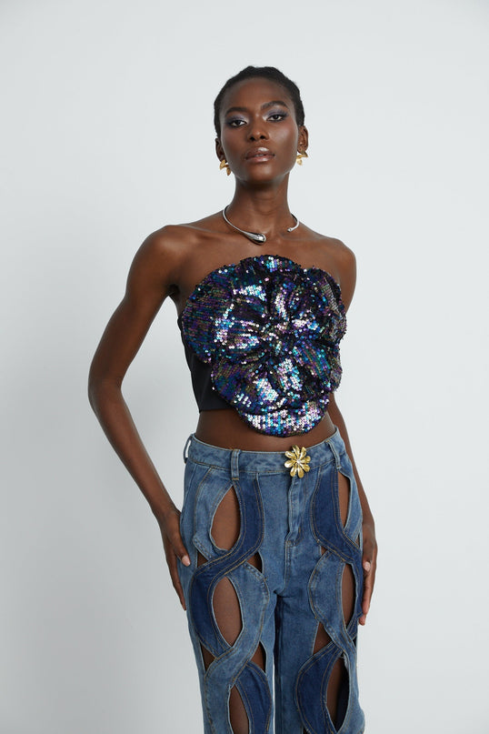 Fiona Floral Top Purple Sequin Embellishments Faux Flower Detailing Off-the-Shoulder Sleeveless Rear Zip Fastening Cropped Length 100% Polyester Opulence Luxury Detail