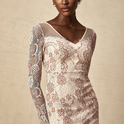 Fiona Pink Guipure Lace Midi Dress with V-Neck and High Slit