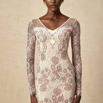 Fiona Pink Guipure Lace V-Neck Midi Dress with High Slit and Cinched Waist