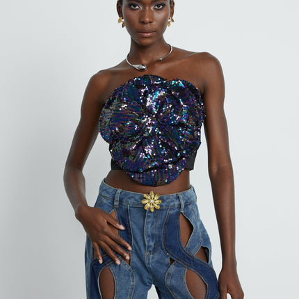 Fiona Purple Floral Top Sequin Embellishments Faux Flower Detailing Off-the-Shoulder Sleeveless Rear Zip Fastening Cropped Length Polyester Luxury Fashion