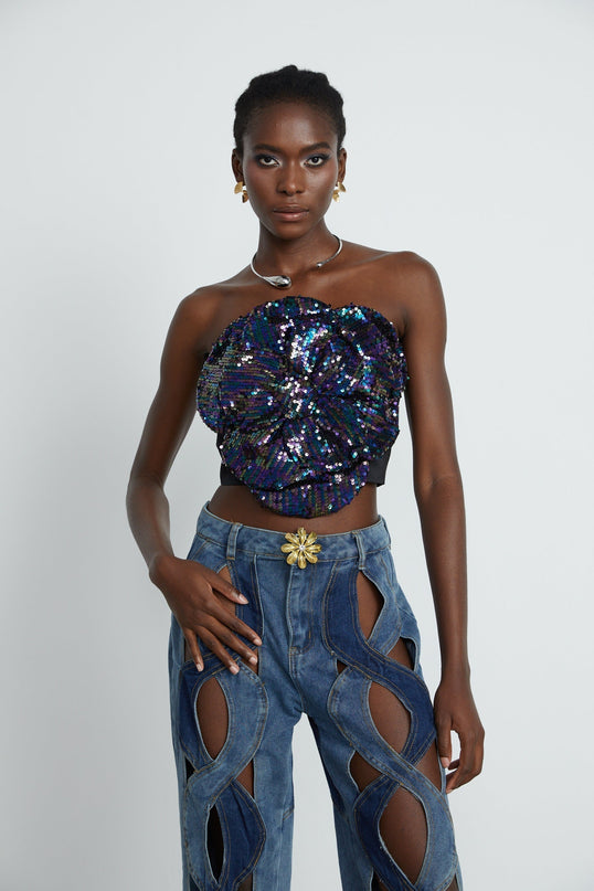 Fiona Purple Floral Top Sequin Embellishments Faux Flower Detailing Off-the-Shoulder Sleeveless Rear Zip Fastening Cropped Length Polyester Luxury Fashion
