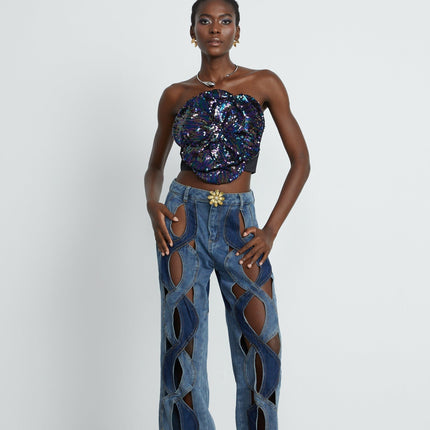 Fiona Purple Floral Top Sequin Embellishments Faux Flower Detailing Off-the-Shoulder Sleeveless Rear Zip Fastening Cropped Length Polyester Luxury