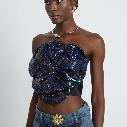 Fiona Purple Floral Top Sequin Embellishments Faux Flower Detailing Off-the-Shoulder Sleeveless Rear Zip Fastening Cropped Length Polyester