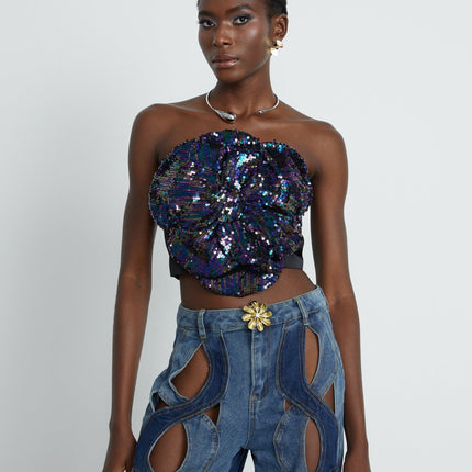Fiona Purple Floral Top with Sequin Embellishments and Faux Flower Detailing