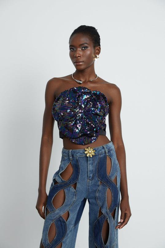 Fiona Purple Floral Top with Sequin Embellishments and Faux Flower Detailing