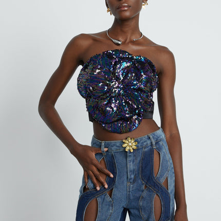 Fiona Purple Sequin Embellished Floral Top with Faux Flower Detailing Sleeveless Off-the-Shoulder Cropped Length Rear Zip Fastening 100% Polyester