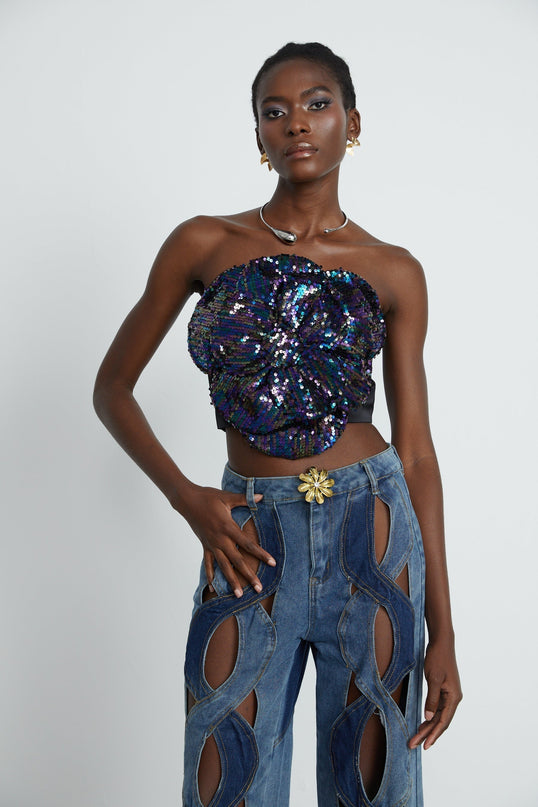 Fiona Purple Sequin Embellished Floral Top with Faux Flower Detailing Sleeveless Off-the-Shoulder Cropped Length Rear Zip Fastening 100% Polyester