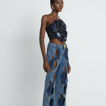 Fiona Purple Sequin Floral Top Sleeveless Off-the-Shoulder Cropped Length