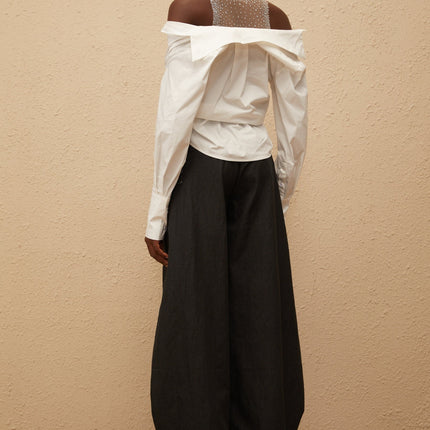 Fiona Shirt in White 100% Cotton Cold Shoulder Mesh Panelling Rhinestone Embellishment Asymmetrical Hem Front Button Fastening Long Sleeves Cropped Silhouette