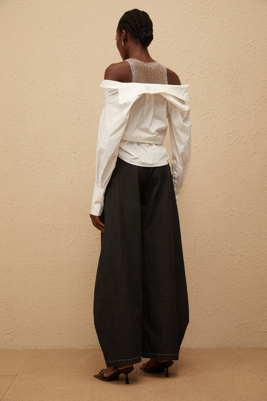 Fiona Shirt in White 100% Cotton Cold Shoulder Mesh Panelling Rhinestone Embellishment Asymmetrical Hem Front Button Fastening Long Sleeves Cropped Silhouette