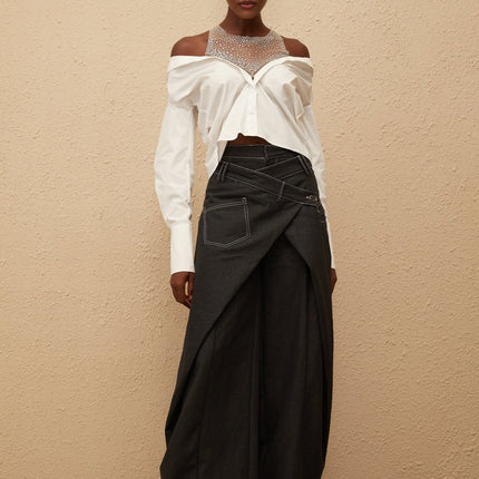 Fiona Shirt in White 100% Cotton Cold Shoulder Mesh Panelling Rhinestone Embellishment Asymmetrical Hem Front Button Fastening Long Sleeves Cropped Silhouette