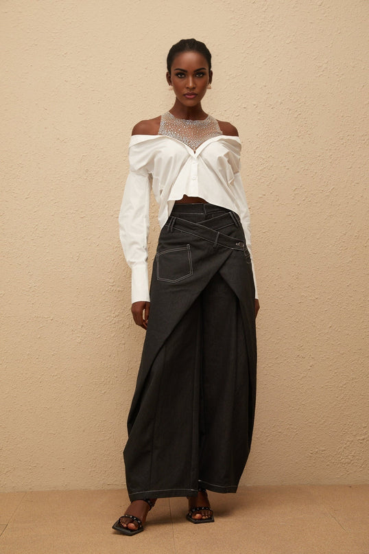 Fiona Shirt in White 100% Cotton Cold Shoulder Mesh Panelling Rhinestone Embellishment Asymmetrical Hem Front Button Fastening Long Sleeves Cropped Silhouette