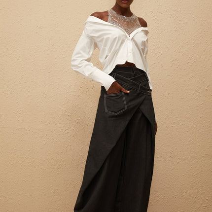 Fiona Shirt in White 100% Cotton Cold Shoulder Mesh Panelling Rhinestone Embellishment Asymmetrical Hem Front Button Fastening Long Sleeves Cropped Silhouette