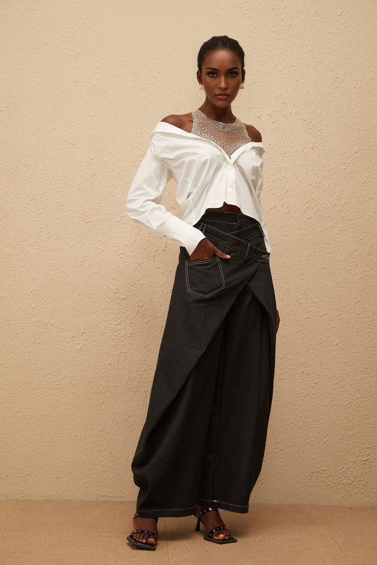Fiona Shirt in White 100% Cotton Cold Shoulder Mesh Panelling Rhinestone Embellishment Asymmetrical Hem Front Button Fastening Long Sleeves Cropped Silhouette