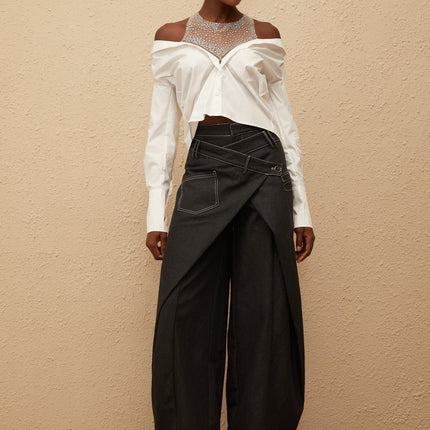 Fiona Shirt in White 100% Cotton Cold Shoulder Mesh Panelling Rhinestone Embellishment Asymmetrical Hem Front Button Fastening Long Sleeves Cropped Silhouette