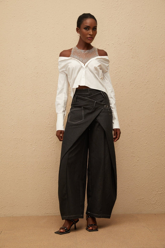Fiona Shirt in White 100% Cotton Cold Shoulder Mesh Panelling Rhinestone Embellishment Asymmetrical Hem Front Button Fastening Long Sleeves Cropped Silhouette