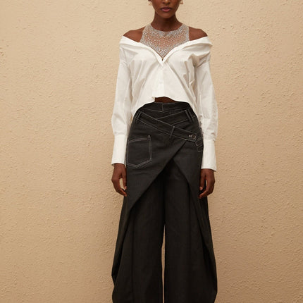 Fiona White Cotton Shirt with Rhinestone Embellishment and Cold Shoulder Detailing