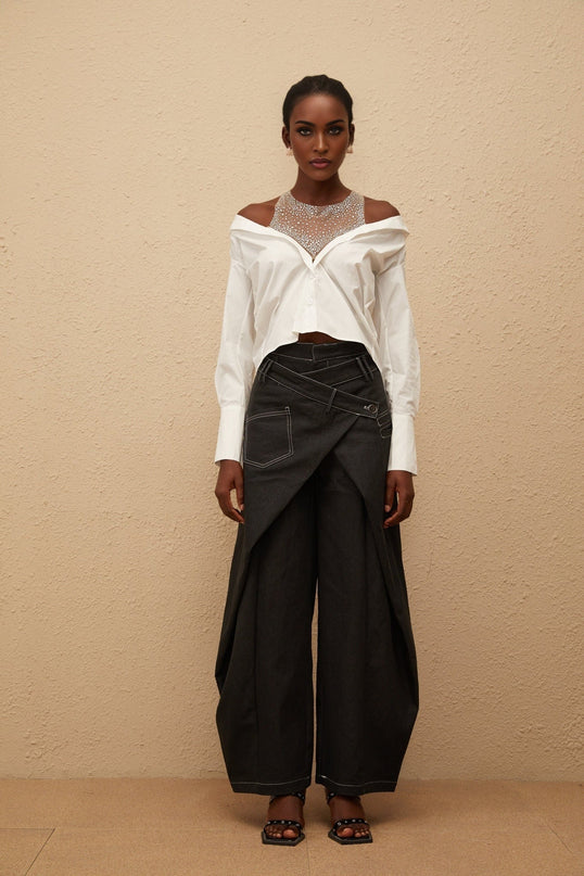 Fiona White Cotton Shirt with Rhinestone Embellishment and Cold Shoulder Detailing