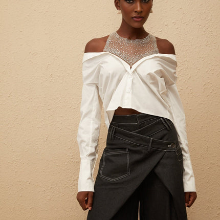 Fiona White Cotton Shirt with Cold Shoulder Detailing and Rhinestone Embellishment