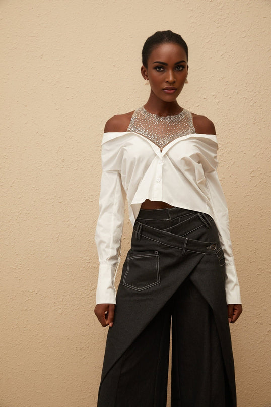 Fiona White Cotton Shirt with Cold Shoulder Detailing and Rhinestone Embellishment
