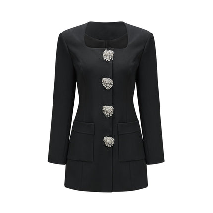 Fionnghuala Black Tailored Jacket Crystal Buttons Square Neckline Polyester Elastane Snap Button Closure