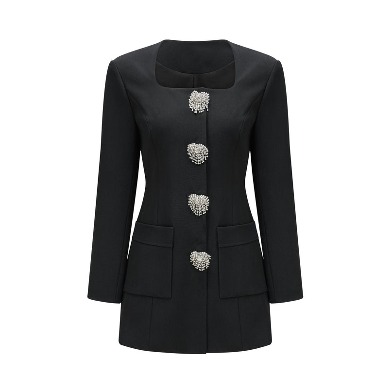Fionnghuala Black Tailored Jacket Crystal Buttons Square Neckline Polyester Elastane Snap Button Closure