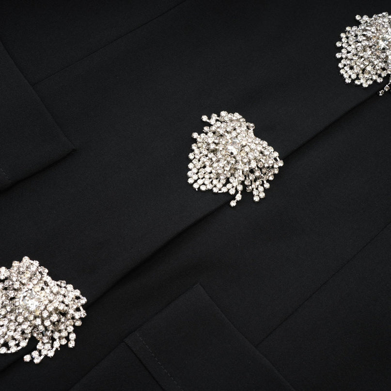 Fionnghuala Black Tailored Jacket Crystal Button Square Neckline Polyester Elastane Snap Closure