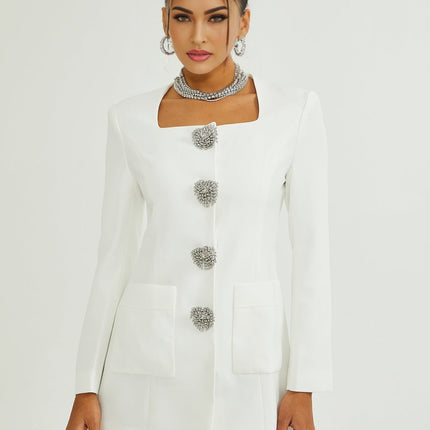 Fionnghuala White Blazer Dress Polyester Elastane Snap Button Square Neckline