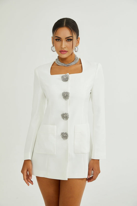 Fionnghuala White Blazer Dress Polyester Elastane Snap Button Square Neckline