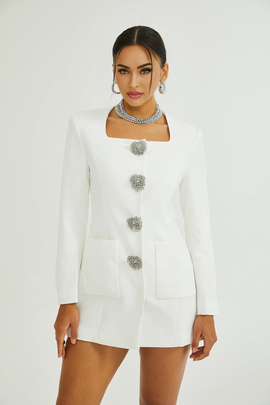 Fionnghuala White Blazer Dress Polyester Elastane Square Neckline Snap Button Closure Statement Buttons