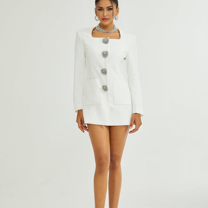 Fionnghuala White Blazer Dress Polyester Elastane Square Neckline Snap Button Closure Statement Buttons