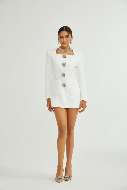 Fionnghuala White Blazer Dress Polyester Elastane Square Neckline Snap Button Closure Statement Buttons