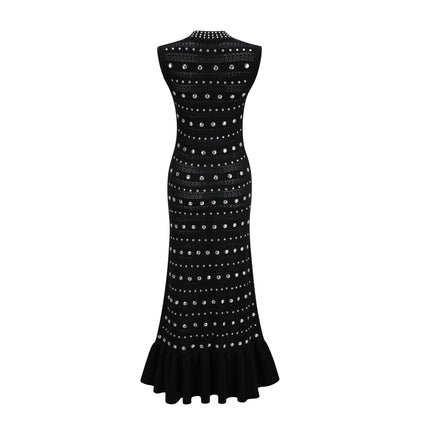 Fiorella Black Crochet Knit Maxi Dress with Stud Embellishments and Ruffled Hem