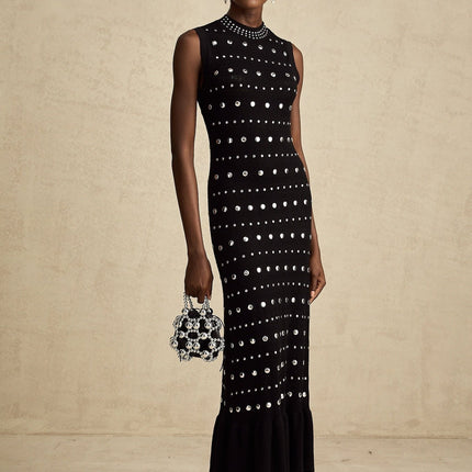 Fiorella Black Crochet Knit Maxi Dress with Stud Embellishments and Ruffled Hem