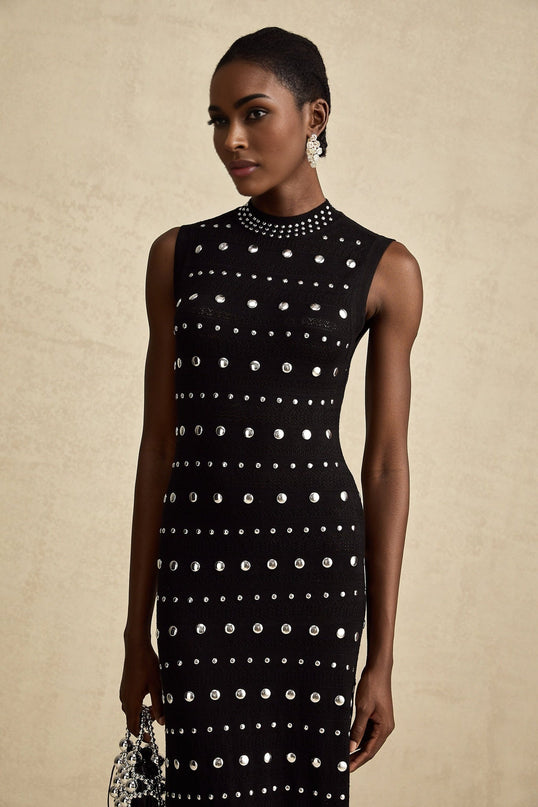 Fiorella Black Crochet Knit Maxi Dress with Stud Embellishments and Ruffled Hem