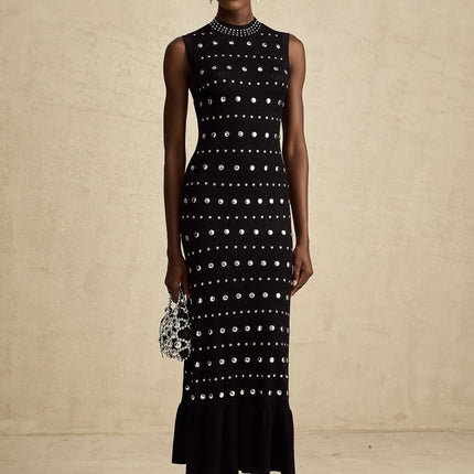 Fiorella Black Crochet Knit Maxi Dress with Stud Embellishments and Ruffled Hem