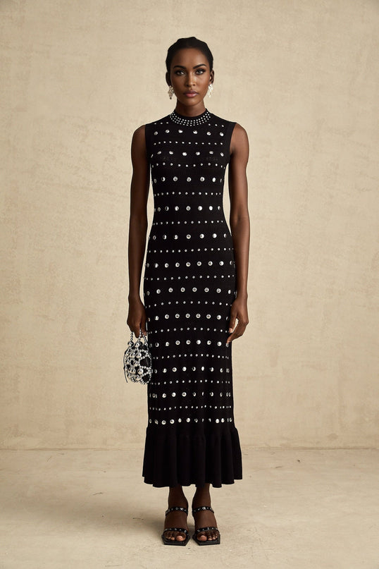 Fiorella Black Crochet Knit Maxi Dress with Stud Embellishments and Ruffled Hem