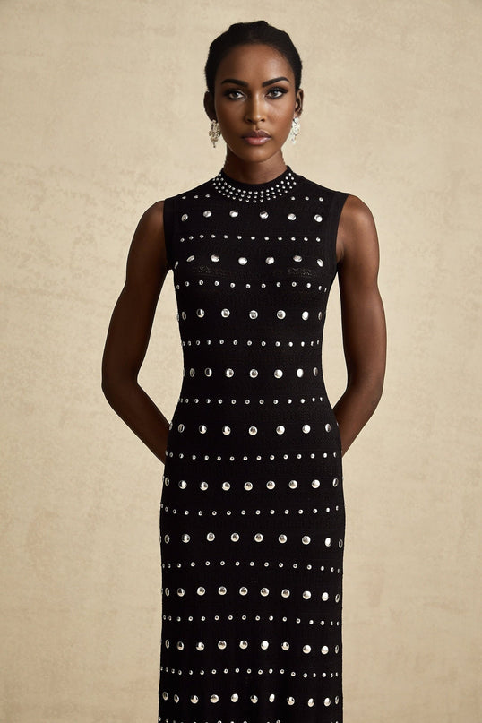 Fiorella Black Crochet Knit Maxi Dress with Stud Embellishments and Ruffled Hem